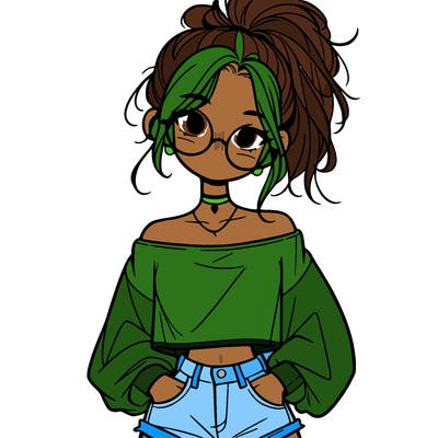 girl with a messy ponytail glasses a baggy crop top and jean shorts
