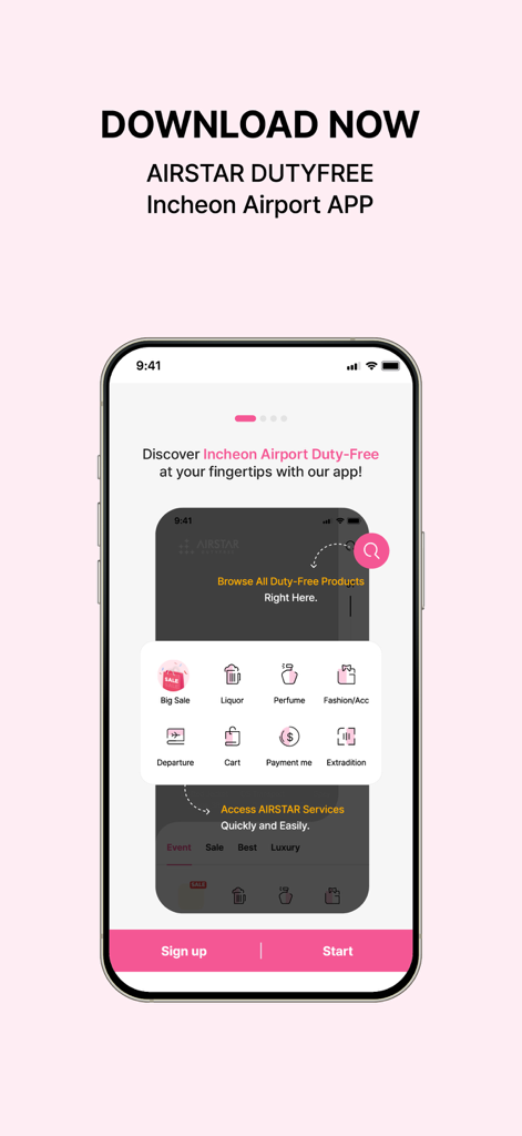 Interface of the Incheon Airport AIRSTAR Duty Free app showing shopping categories and a call to download