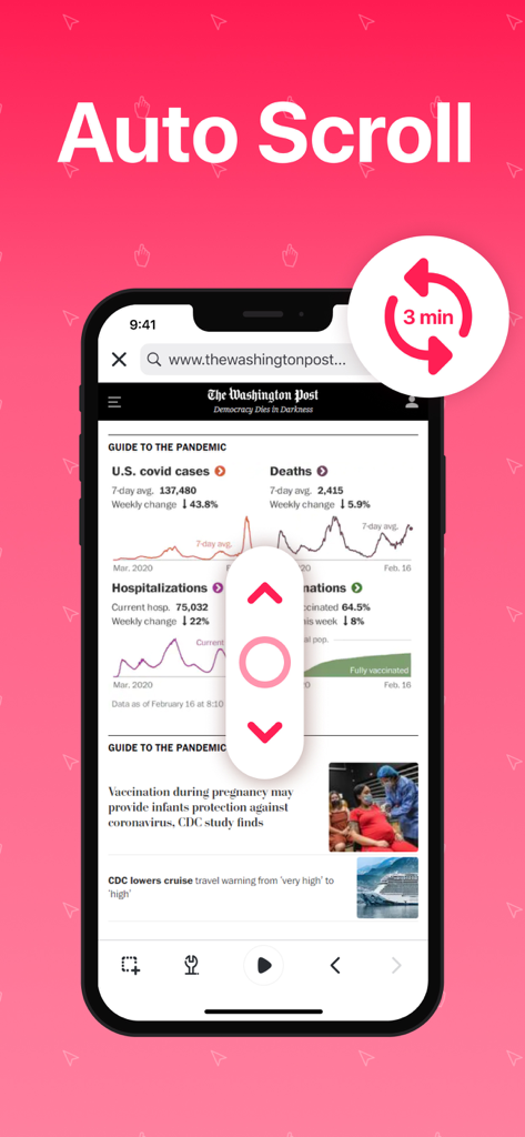 Interface of Auto Scroll app showing automated web page scrolling for reading news.