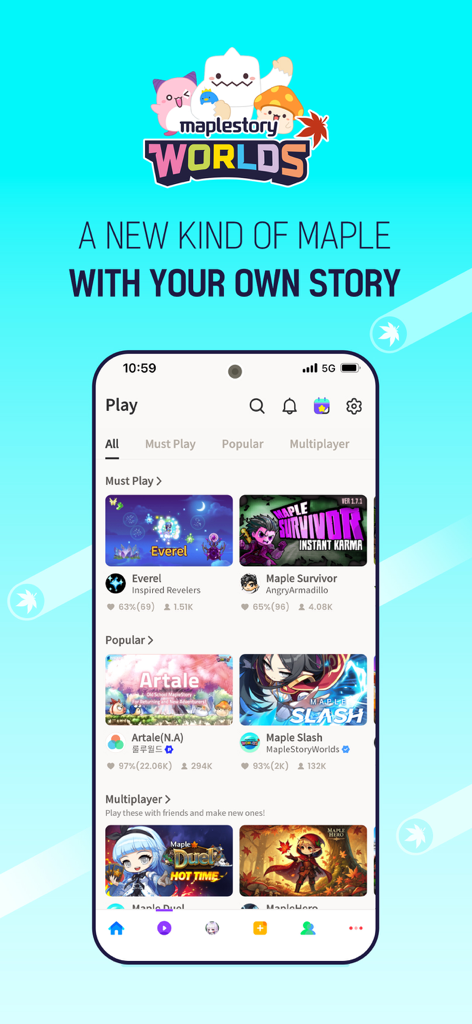 MapleStory Worlds - Mobile interface of MapleStory Worlds app displaying a variety of user-generated games like Artale and Maple Survivor