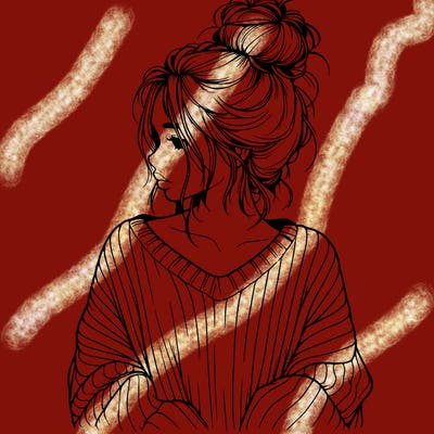 realistic girl wearing a messy bun and an oversized sweater