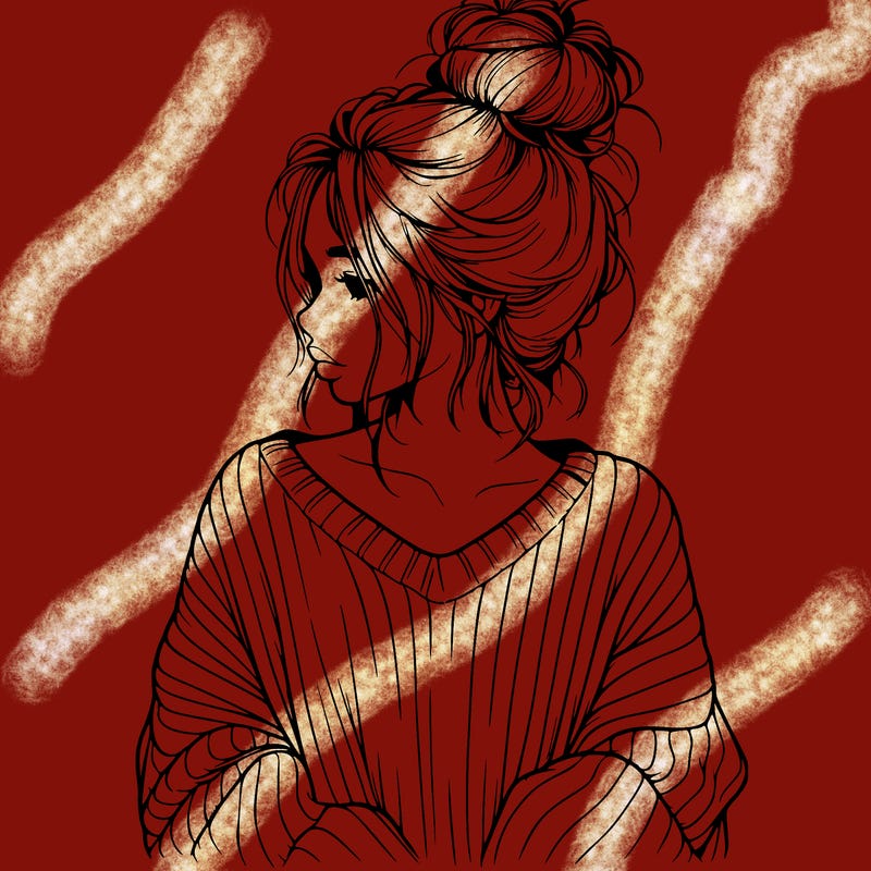 realistic girl wearing a messy bun and an oversized sweater