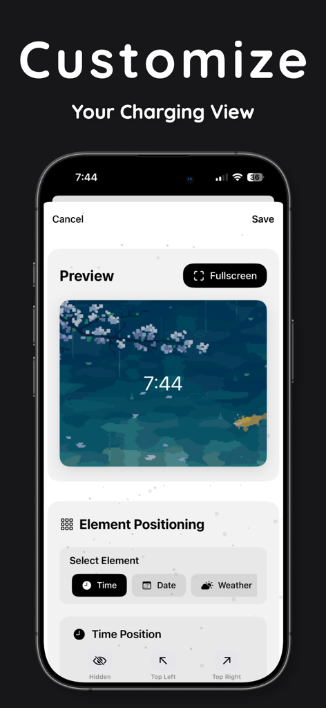 CozyTime: Lock Screen Clocks - CozyTime app screen for customizing clock element positioning and backgrounds