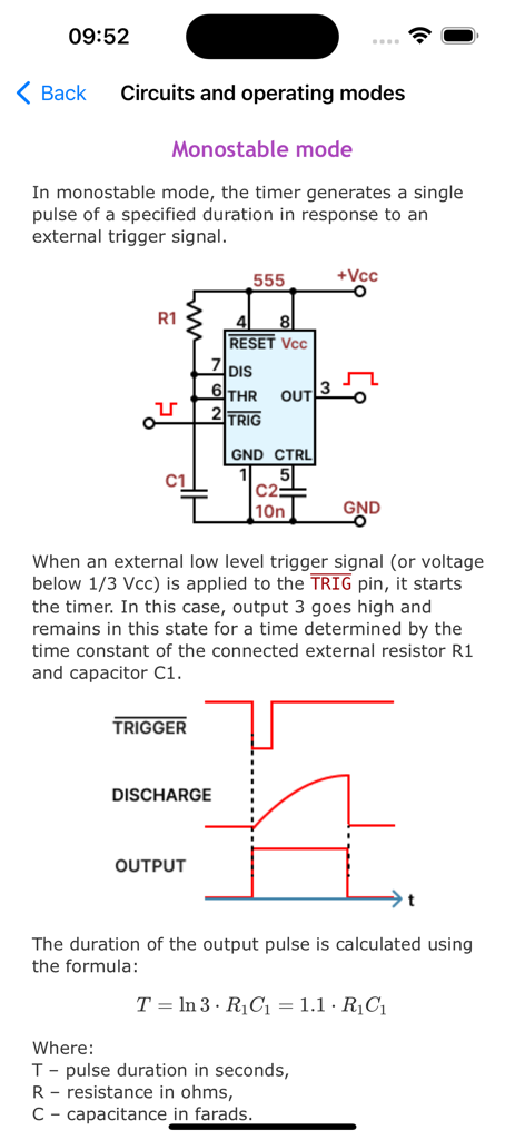 IC 555 timer monostable mode circuit diagram and pulse duration formula