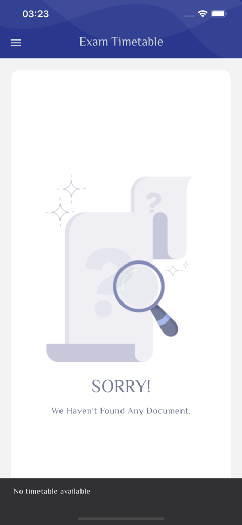 Pantalla de horario de exámenes vacía en la aplicación MyU Student Portal que muestra un mensaje de que no se encontró ningún documento.