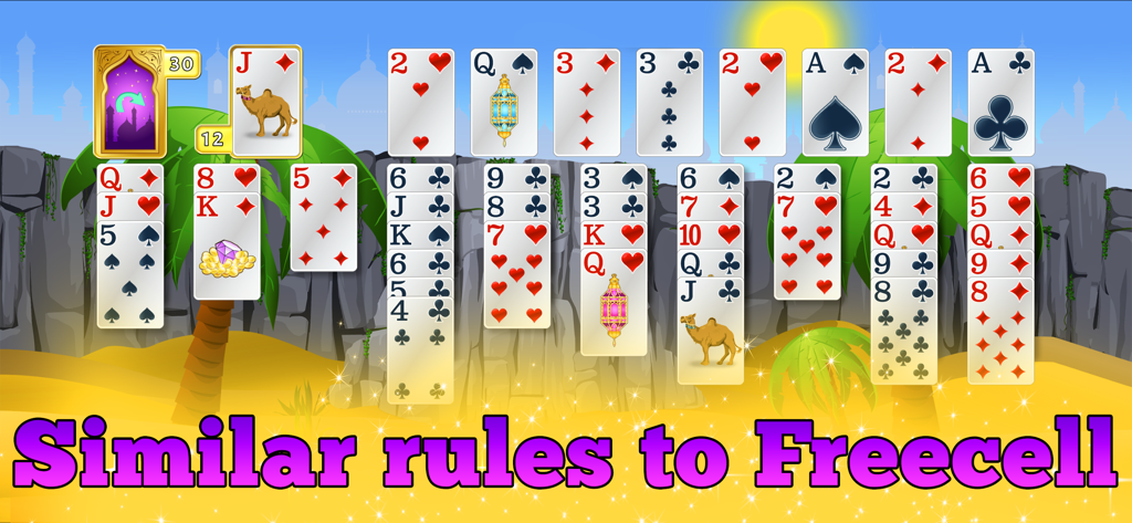 Jugabilidad de Forty Thieves Solitaire Gold con tema de Las Mil y Una Noches y reglas de Freecell