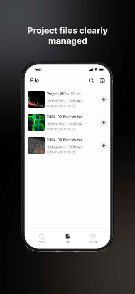 FJD Trion Scan - FJD Trion Scan app interface displaying a list of managed LiDAR scan project files with scan details