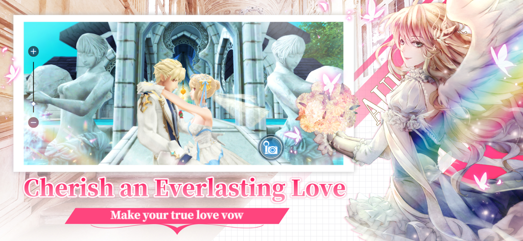 Escena romántica de boda entre dos personajes de anime en Aura Kingdom 2 Evolution