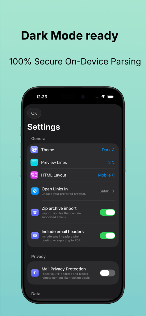 Pantalla de configuración de la aplicación MSG Viewer mostrando la interfaz en modo oscuro y opciones de privacidad
