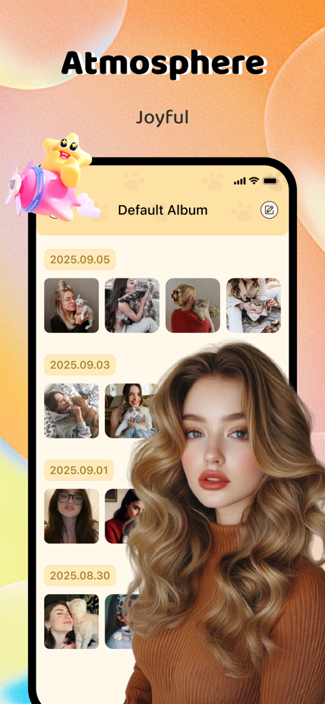 Furry: Chat & Match - A joyful photo album screen in the Furry app showing user portraits and photos of pets organized by date in a cozy interface.