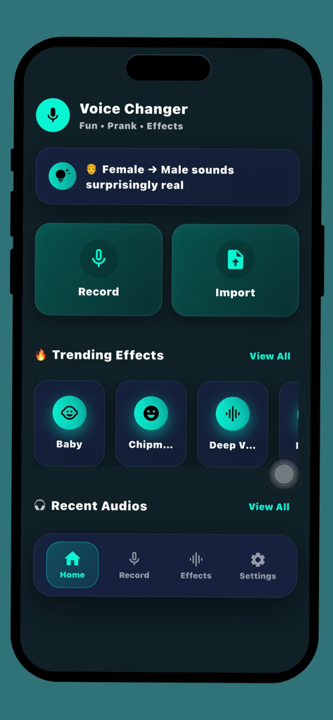 Voice Changer Pro home screen interface with dark mode theme featuring record and import buttons and trending AI voice effects