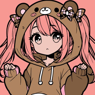 cute anime girl with ponytails and a cute bear hoodie
