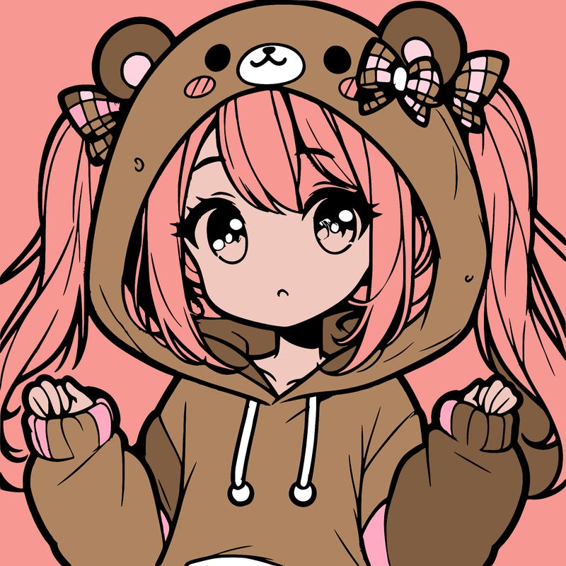 cute anime girl with ponytails and a cute bear hoodie