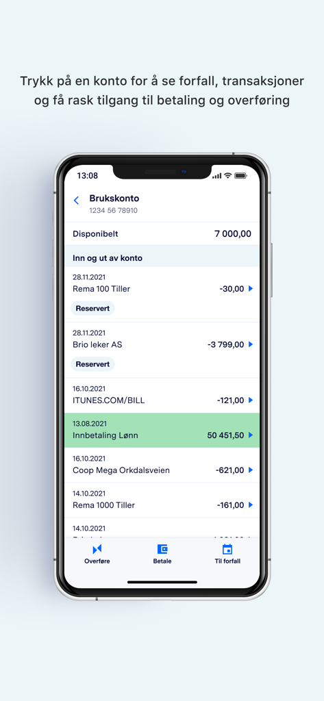 Sparebanken Møre Mobilbank - Sparebanken More mobile banking app interface showing a transaction history and account balance on an iPhone.