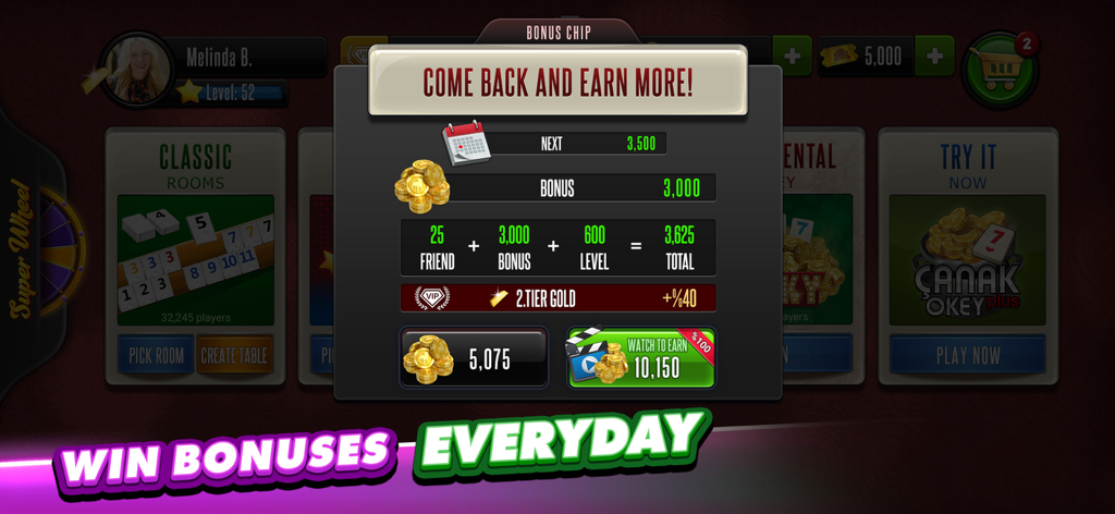 Okey Plus - Daily bonus and chip rewards screen in Okey Plus social board game