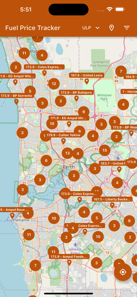 Fuel Price Tracker - Perth, WA - Map view of the Fuel Price Tracker app showing gas stations and prices in Perth Western Australia