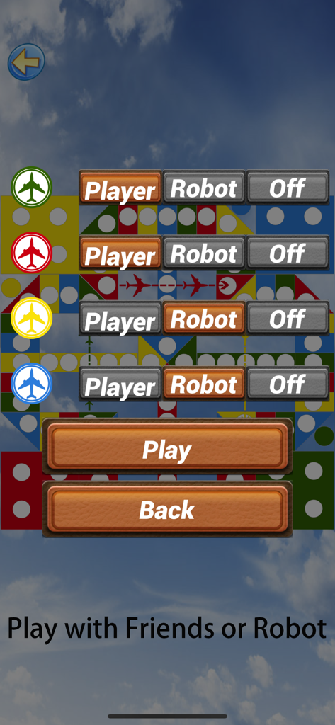 Einrichtungsbildschirm für Ludo - Parcheesi Spiel, auf dem Benutzer auswählen können, ob sie mit menschlichen Spielern oder Robotern für vier verschiedene farbige Teams spielen möchten