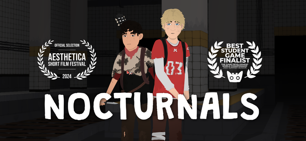 ゲーム「Nocturnals」のメインキャラクターであるテッドとディエゴ、そして受賞歴のあるセレクションバッジをフィーチャーしたプロモーションアート