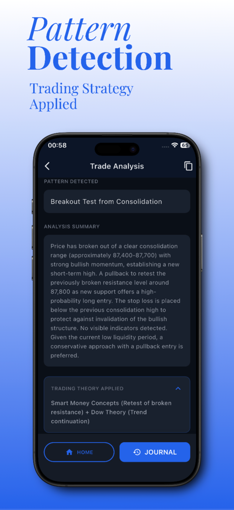 Crypto AI: Trading Analyzer - Pantalla de análisis de operaciones que muestra un patrón de prueba de ruptura y la estrategia de trading aplicada en la aplicación Crypto AI.