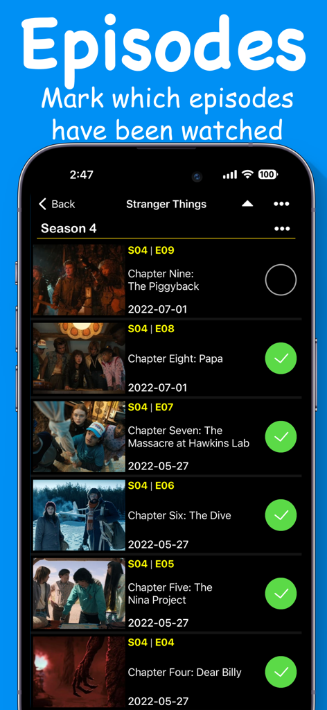 Movies Box & TV Show - A mobile interface for tracking TV show episodes with watched status checkmarks