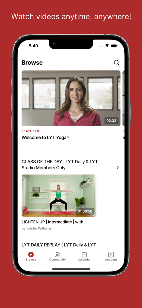 Browse screen of the LYT Daily app showing anatomy based yoga video classes