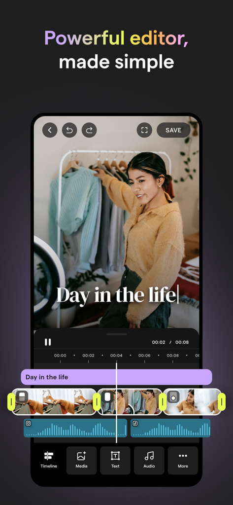 Die Benutzeroberfläche des Mojo App Video-Editors mit einer Video-Timeline und Text-Overlays zur Erstellung von Social-Media-Inhalten.