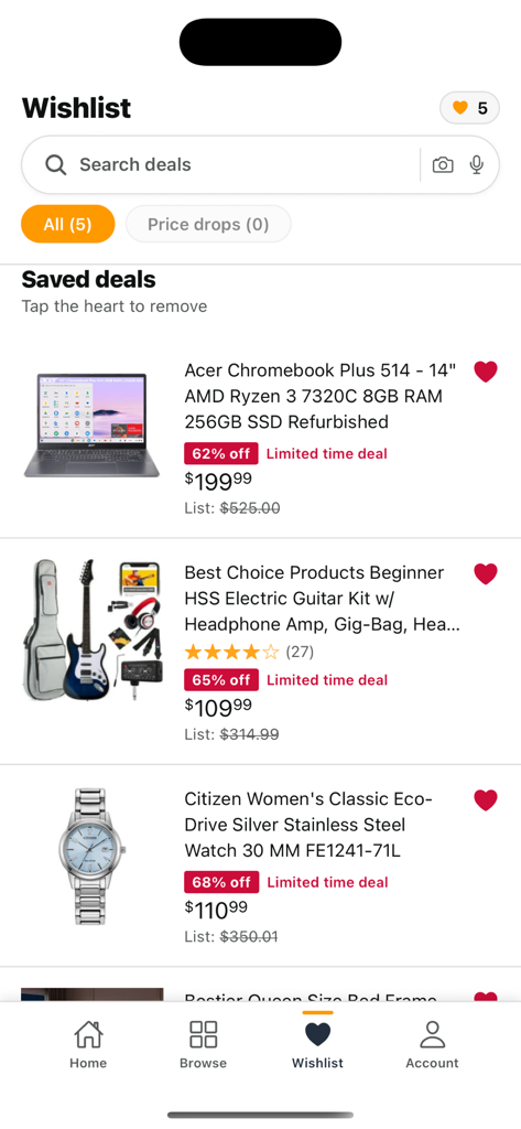 Camel Camel Camel Deals - The wishlist view of the Camel Camel Camel Deals app showing saved items and discount percentages.