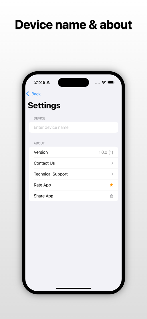 AirScreen DLNA Receiver - AirScreen DLNA Receiver settings screen showing custom device name field and app information