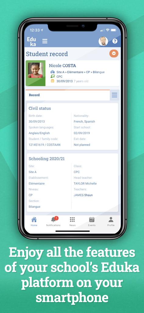 Eduka - Smartphone screen displaying the student record page on the Eduka mobile application.