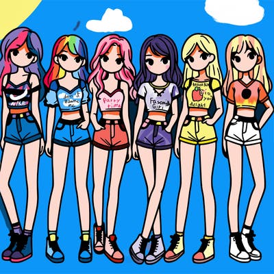 a group of girls wearing crop tops and shorts