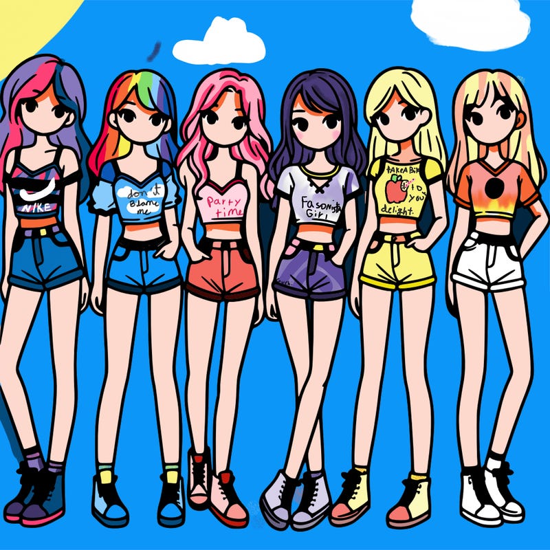 a group of girls wearing crop tops and shorts