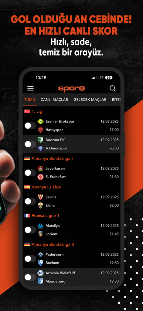 Sporx - Spor Haber, Canlı Skor - Interfaz móvil de la aplicación Sporx mostrando resultados de fútbol en vivo y próximos calendarios de partidos para ligas turcas y europeas.