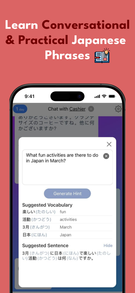 Speak Japanese - SakuraSpeak - SakuraSpeak app interface showing conversational Japanese phrases and suggested vocabulary for a travel-related role-play scenario.