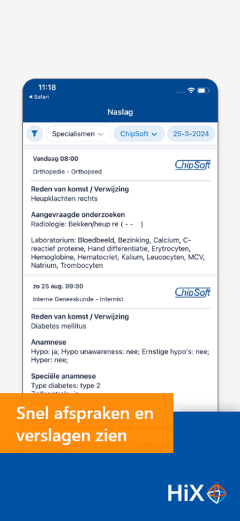 HiX Patiënt - Interface of the HiX Patient app displaying a medical history summary including appointments and clinical reports