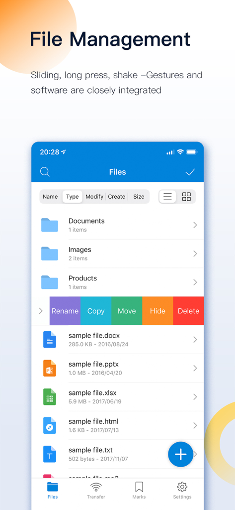 FileMate app interface showing file management with swipe gestures to rename copy move hide and delete folders