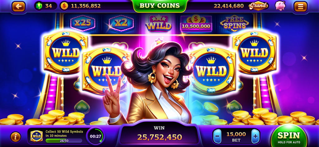 Vegas Quest Slots－Casino Games - Una pantalla de gran victoria en Vegas Quest Slots con símbolos comodín dorados y pilas de monedas