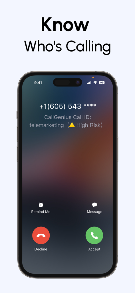 CallGenius app interface identifying a high risk telemarketing call