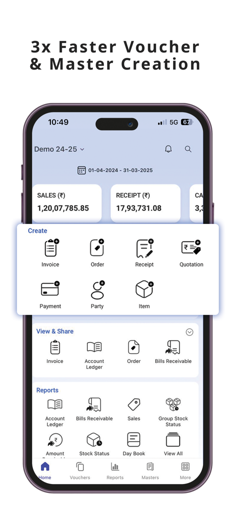 Busy: GST Billing & Accounting - Mobile dashboard of Busy GST Billing and Accounting app highlighting the quick creation of invoices and vouchers.