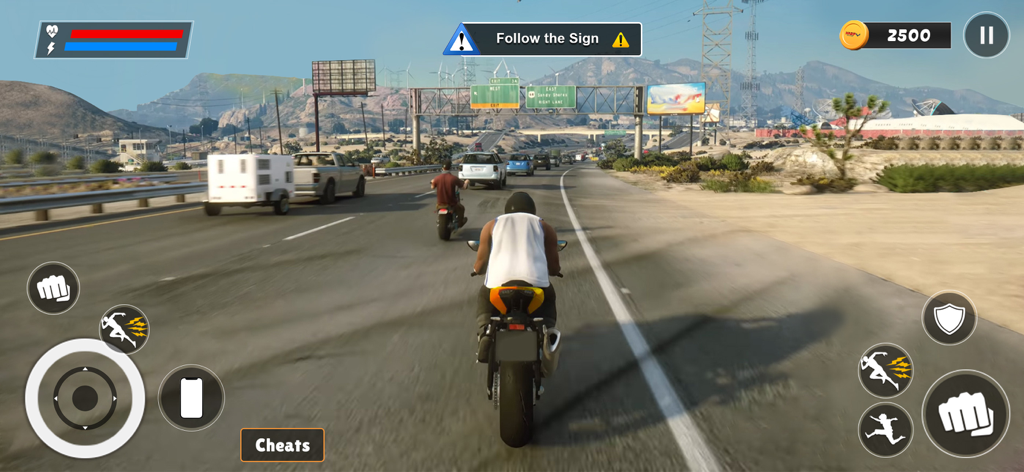 City Gangster Vice Mafia Wars - Un personaje montando en motocicleta en una autopista en un entorno de juego de gánsteres de mundo abierto