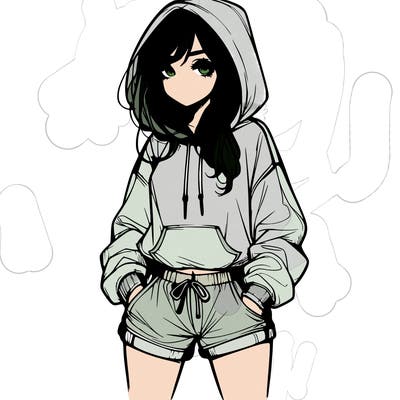 realistic girl in shorts and hoodie
