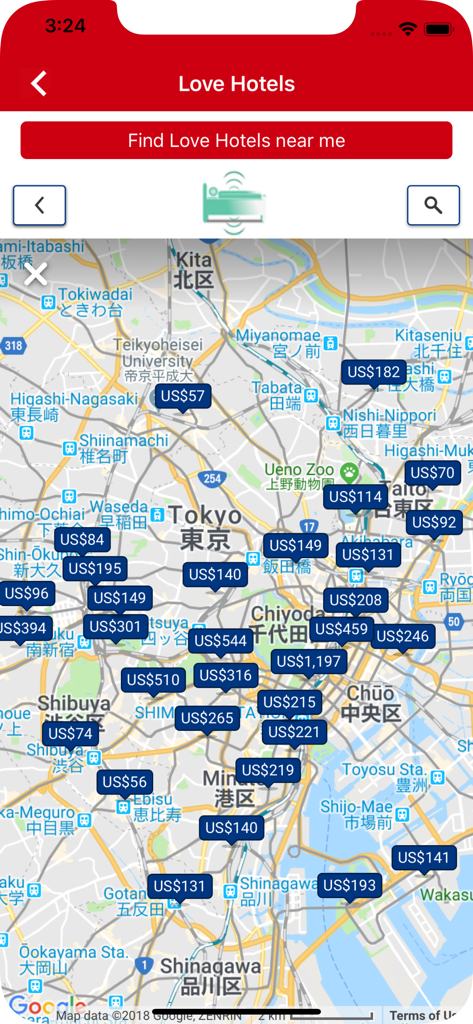 여러 사랑 호텔 위치와 미국 달러 가격을 표시하는 도쿄 지도 모바일 앱 인터페이스