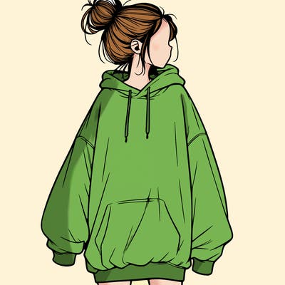 realistic girl with a oversized sweatshirt on and a bun