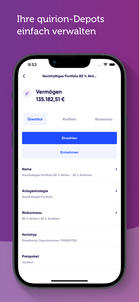 quirion – digitale Geldanlage - Smartphone screen displaying the Quirion app portfolio overview with balance and asset allocation details.