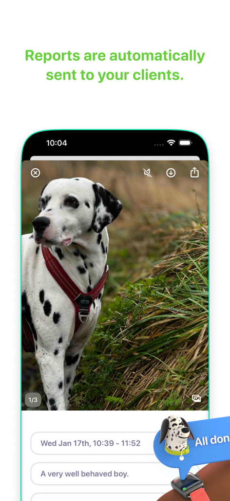 Walkies: Pet Sitting & Walking - A smartphone showing an automated dog walking report with a photo of a Dalmatian and session notes.