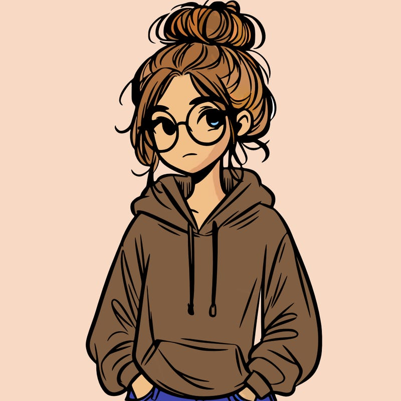 teen girl with a messy bun and glasses wearing a loose hoodie and jeans