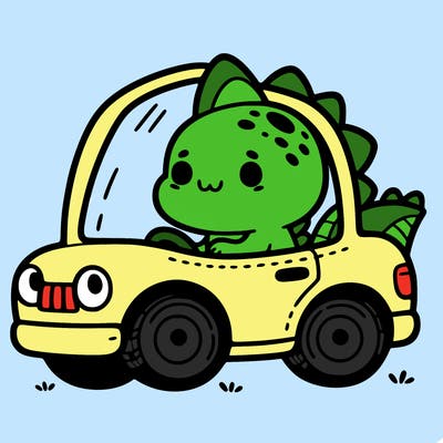 cute dinosaur in a car