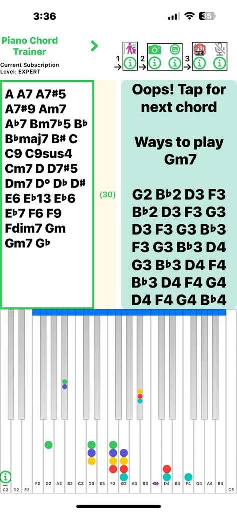 Piano Chord Trainer - Piano chord training app interface showing Gm7 chord variations and colored note markers on a virtual keyboard