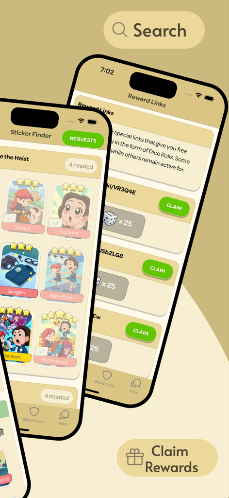 MOGO Wiki Tools - MOGO Wiki Tools mobile app screens showing the sticker finder and daily dice rewards links
