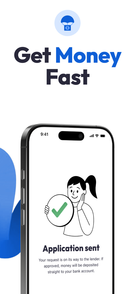 Akaly mobile app screen displaying a successful loan application sent confirmation with Get Money Fast heading