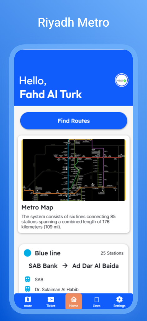 Riyadh Metro app home screen showing a system map and route planning options
